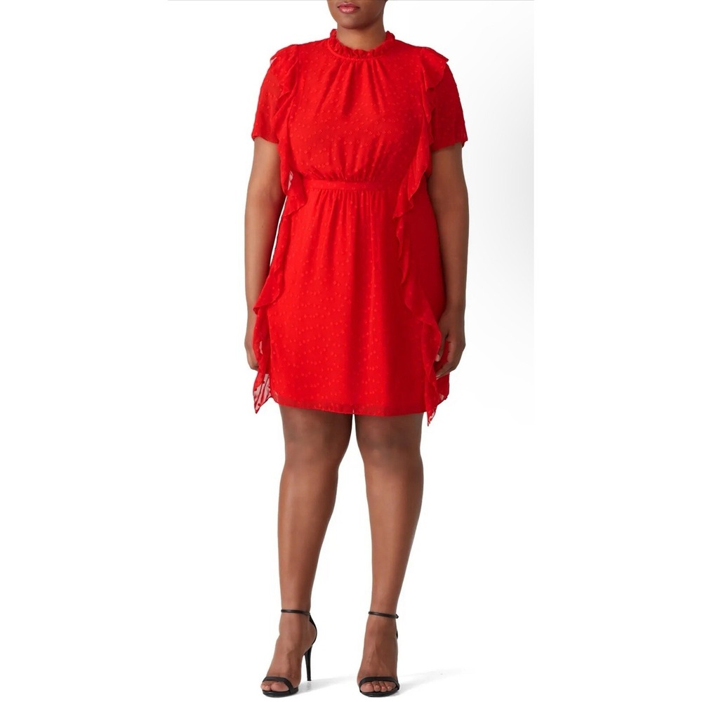 ML Monique Lhullier Women's Red Swiss Dot Ruffle Shift Dress Plus Size 22 Formal